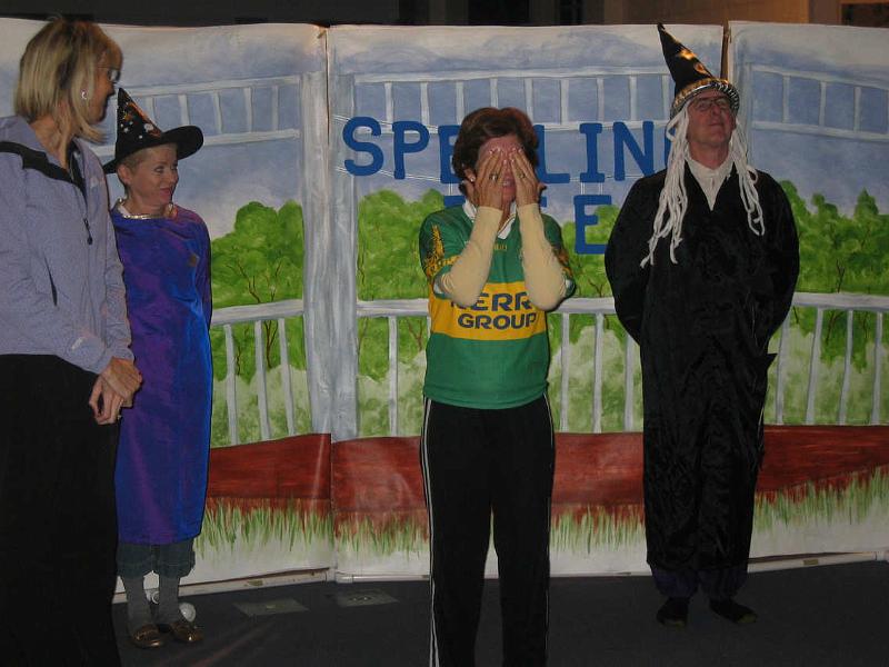 F0194_0026.jpg - Sydney is afraid 
Sydney (Marsha) is afraid she won't be able to win the spelling bee because her opponents are wizards. The wizards are Wanda Wizardi (Pam Grove) and Willard Wizofni (Bill Leach).